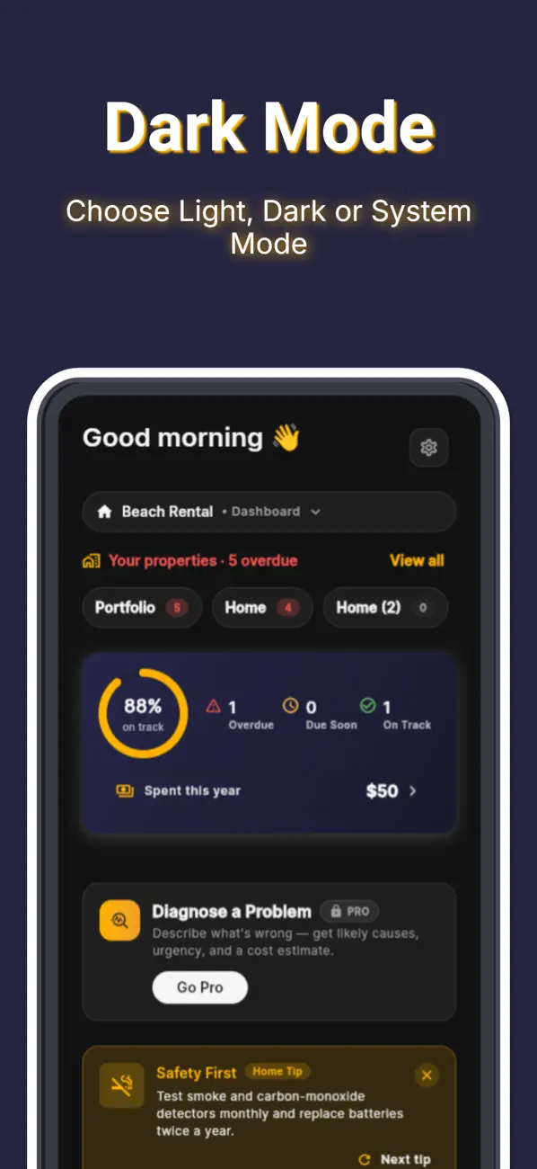 Maintnr home dashboard in dark mode